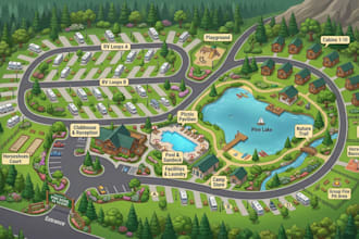 design custom 2d and 3d rv park, campground, resort, property and site maps