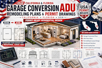 draw california and florida garage conversion adu remodeling plans and permit