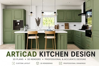 design kitchen in articad with 2d plans and 3d renders