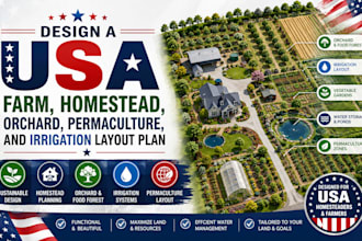 design a USA farm, homestead, orchard, permaculture, and irrigation layout plan