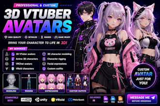 create 3d character for 3d vtuber, vrchat, rigging, 3d model, anime and 3d vroid