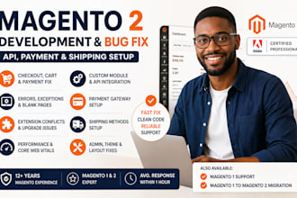 develop magento 2 store with API, bugs and error fix, payment and shipping setup