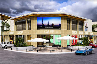 design retail supermarket exterior, shopping storefront, grocery mall facade