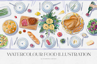 create watercolor food illustrations for cookbooks and menus