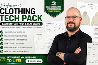 design clothing tech pack, fashion tech pack and technical flat sketch