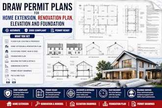 draw permit plans for home extension, renovation plan, elevation and foundation