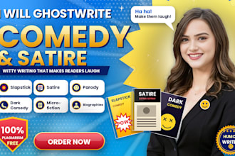 ghostwrite slapstick satire parody dark comedy microfiction biographies