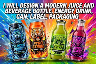 design a modern juice and beverage bottle, energy drink, can, label, packaging