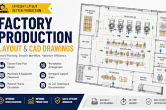 design factory production layout, manufacturing floor plan and cad drawings