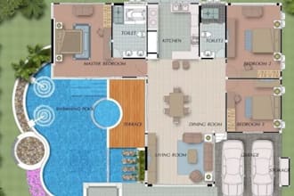 create a 2d floor plan for swimming pool and 3d floor plan