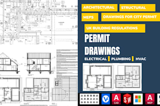 draw permit plan for city approval, architectural structural mep permit drawings