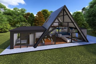 create a frame house from reference, micro cabin building render, prefab project