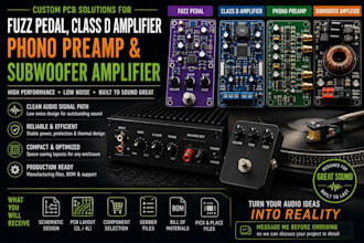design fuzz pedal, class d amplifier, phono preamp pcb and subwoofer amplifier