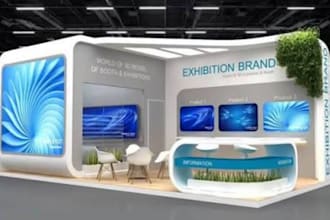 design 3d trade show booths, exhibition stands, kiosks and event signage