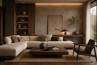 design atmospheric japandi, wabi sabi and scandinavian interiors in 3d