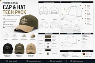 create a profeesional cap and hat tech pack for manufacturing