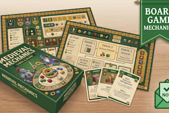 design board game mechanics visual graphics, cards, and box packaging