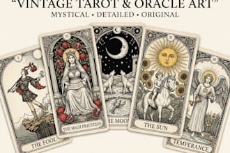 illustrate vintage tarot cards and mystical oracle decks