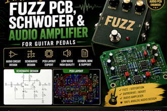 design fuzz pcb, schwoofer and audio amplifier for guitar pedals