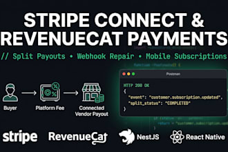 build stripe connect split payments and fix revenuecat webhooks