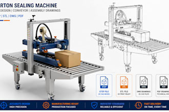 design carton sealing machine cad, conveyor and assembly step drawings