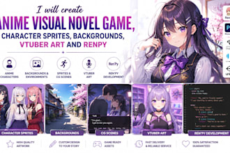 create anime visual novel game character sprites background vtuber art and renpy