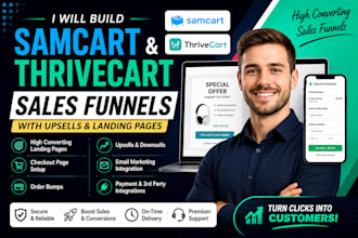 build samcart and thrivecart sales funnels with upsells and landing page