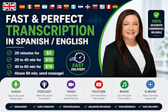 do english, spanish, german transcription audio to text video to audio