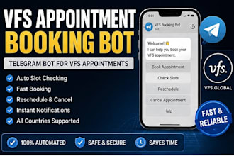 develop booking bot,vfs appointment bot, appointment bot,vfs bot, telegram bot