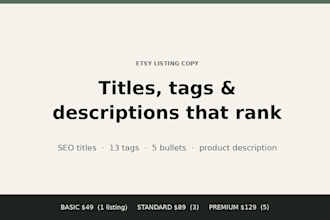 write SEO etsy titles, tags, and product descriptions