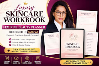 design luxury skincare workbook and feminine beauty planner in canva