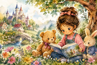 do 2d children story book illustration beautiful watercolor kids book
