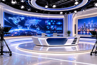 design 3d tv studio, podcast, news and broadcast studio