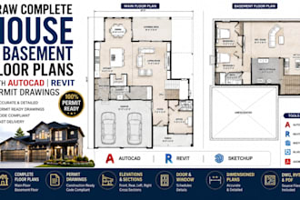 draw complete house and basement floor plans with autocad revit permit drawings