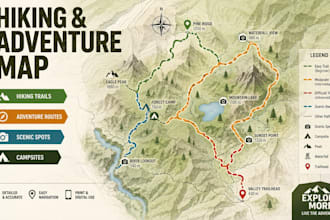 create hiking trail map, adventure map, outdoor map, route map, tourism map