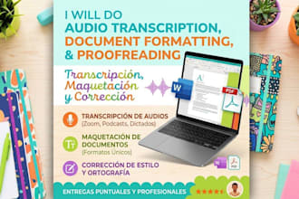 transcripción de audio a texto, maquetación y corrección