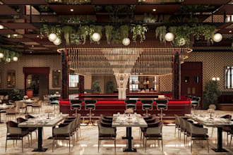 design open kitchen restaurant,cafe interior decor, fix furniture,cgi commercial