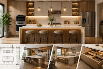do custom kitchen design, kitchen cabinets, 3d rendering and kitchen remodel