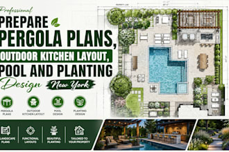 prepare pergola plans, outdoor kitchen layout, pool and planting design new york