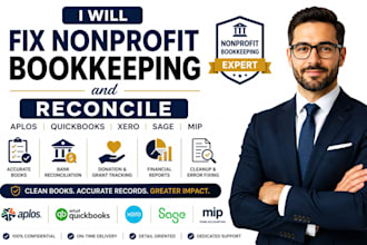 fix nonprofit bookkeeping and reconcile aplos, quickbooks, xero, sage, mip