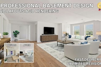 design functional basement renovation floor plan and photorealistic 3d render