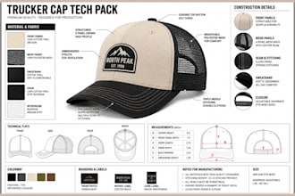 create cap and hat tech pack for trucker caps with clear specs for manufacturing