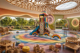 3d kid playground design,kid park render,biophilic interior,kid club house decor