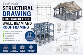 create structural drawing, load calculation, wall, beam and roof framing
