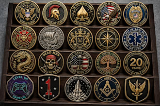 do a cryptocurrency, token, challenge coin, coin design, badge, crest, 3d bas