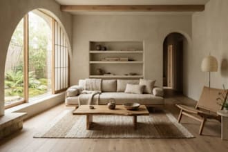 design japandi wabi sabi interior with photorealistic 3d rendering