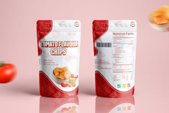 design freezedried snack pouch packaging with labels and 3d product render