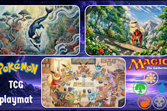 design custom pokemon playmat, anime tcg playmat, fantasy art, board game design