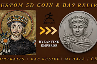 sculpt 3d bas relief coin portrait model from photo for cnc and 3d printing