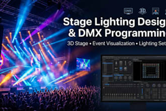 create 3d event stage design, 3d stage lighting design and dmx programming